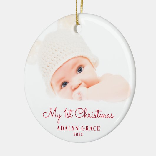 Eerste kerstfoto van Elegant Script Baby Keramisch Ornament (Links)