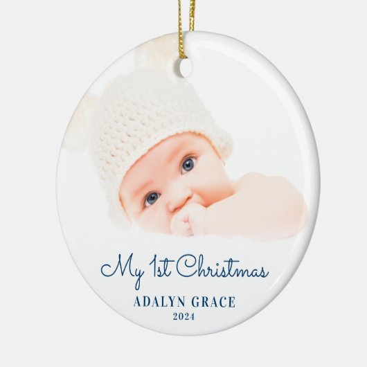 Eerste kerstfoto van Elegant Script Baby Keramisch Ornament (Links)