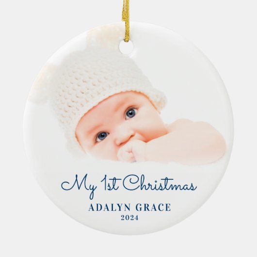 Eerste kerstfoto van Elegant Script Baby Keramisch Ornament (Achterkant)