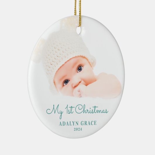 Eerste kerstfoto van Elegant Script Baby Keramisch Ornament (Rechts)