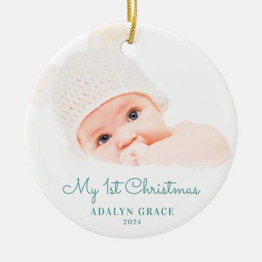 Eerste kerstfoto van Elegant Script Baby Keramisch Ornament (Voorkant)