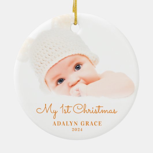 Eerste kerstfoto van Elegant Script Baby Keramisch Ornament (Achterkant)