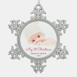 Eerste kerstfoto van Elegant Script Baby Tin Sneeuwvlok Ornament