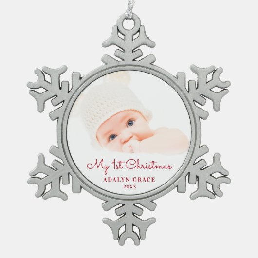 Eerste kerstfoto van Elegant Script Baby Tin Sneeuwvlok Ornament (Voorkant)