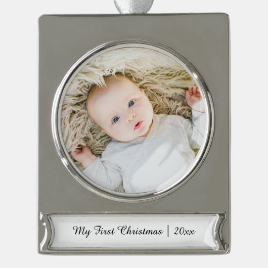 Eerste kerstfoto van Elegant, speciaal voor baby's Verzilverd Banner Ornament (Voorkant)