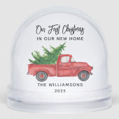 Eerste Kerstfoto van familie Rode Vrachtwagen Kers Sneeuwbol (Voorkant)