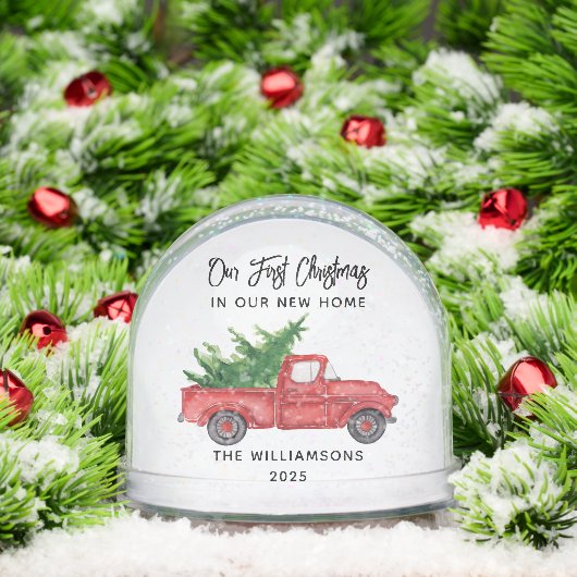 Eerste Kerstfoto van familie Rode Vrachtwagen Kers Sneeuwbol (Kerstmis)