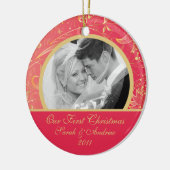 Eerste kerstfoto van Gold Floral Red Keramisch Ornament (Links)