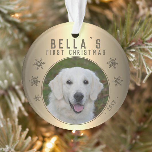 Eerste kerstfoto van Gold Snowflake Puppy Ornament (Boom)