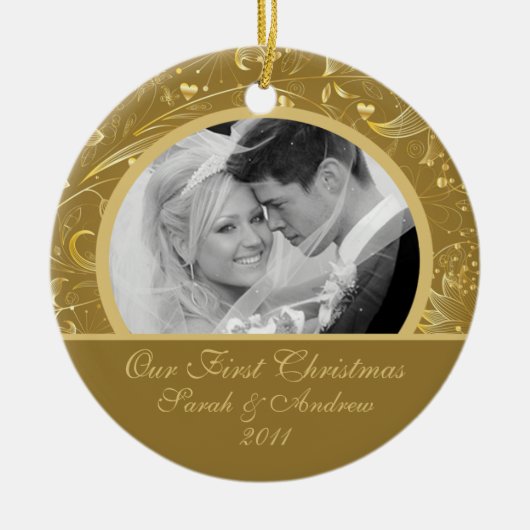 Eerste kerstfoto van gouden bloemen keramisch ornament (Voorkant)