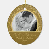 Eerste kerstfoto van gouden bloemen keramisch ornament (Links)