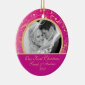 Eerste kerstfoto van gouden Floral Pink Keramisch Ornament (Rechts)