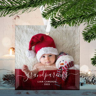 Eerste kerstfoto van grootouders Wit schrift Glas Ornament
