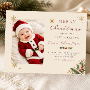 Eerste kerstfoto van je baby Champagne Feestdagenkaart