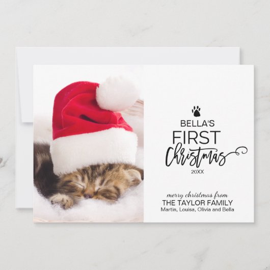 Eerste kerstfoto van kerstboomkat feestdagenkaart (Voorkant)