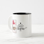 Eerste kerstfoto van kerstboomkat tweekleurige koffiemok (Voorkant links)