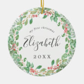 Eerste kerstfoto van kerstman Greenery Baby Keramisch Ornament (Voorkant)