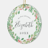 Eerste kerstfoto van kerstman Greenery Baby Keramisch Ornament (Links)