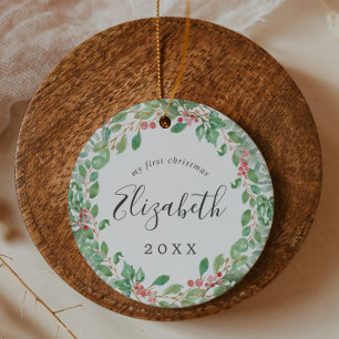 Eerste kerstfoto van kerstman Greenery Baby Keramisch Ornament