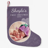 Eerste kerstfoto van Lavender Paarse Baby Kleine Kerstsok (Voorkant)