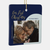 Eerste kerstfoto van Navy, Blue & Gold Modern Keramisch Ornament (Rechts)