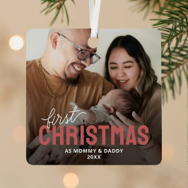Eerste kerstfoto van nieuwe ouders metalen ornament