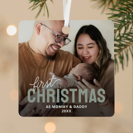 Eerste kerstfoto van nieuwe ouders metalen ornament