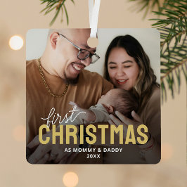 Eerste kerstfoto van nieuwe ouders metalen ornament