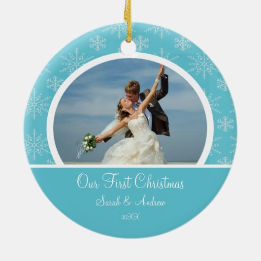 Eerste kerstfoto van Ornament Blue Snowflakes (Achterkant)