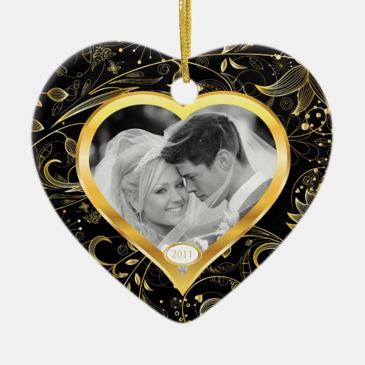 Eerste kerstfoto van Ornament Gold Heart Black (Voorkant)
