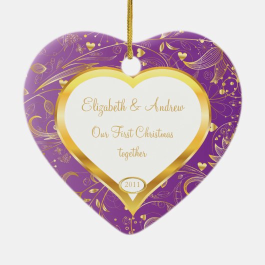 Eerste kerstfoto van Ornament Gold Heart Magenta (Achterkant)