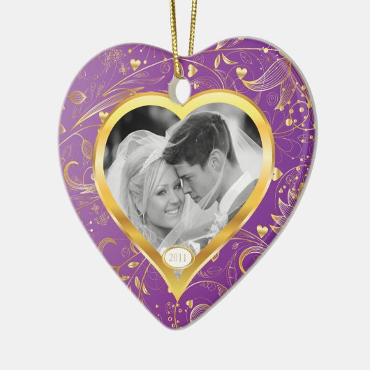 Eerste kerstfoto van Ornament Gold Heart Magenta (Links)