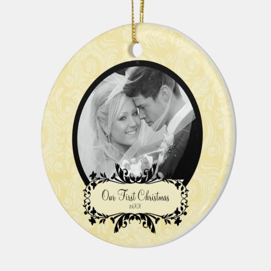 Eerste kerstfoto van Ornament Yellow Damask (Links)