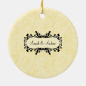Eerste kerstfoto van Ornament Yellow Damask (Achterkant)