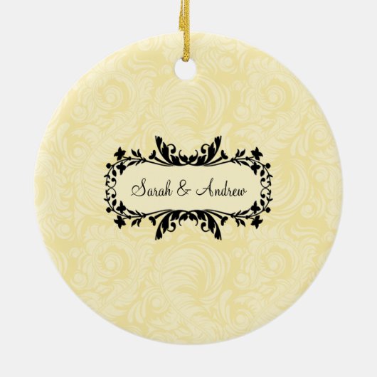 Eerste kerstfoto van Ornament Yellow Damask (Achterkant)