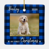Eerste kerstfoto van Puppy Blue Pset Dog Pet Keramisch Ornament (Achterkant)