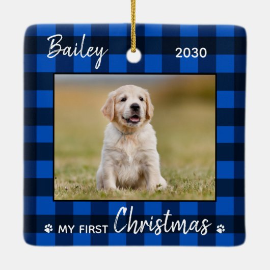 Eerste kerstfoto van Puppy Blue Pset Dog Pet Keramisch Ornament (Achterkant)