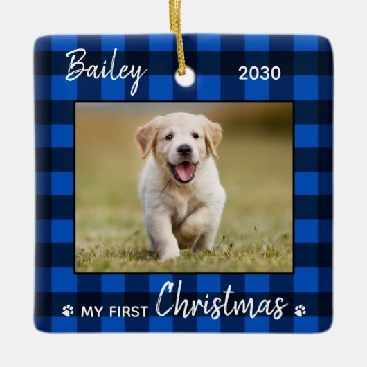 Eerste kerstfoto van Puppy Blue Pset Dog Pet Keramisch Ornament (Voorkant)