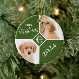 Eerste kerstfoto van puppy keramisch ornament
