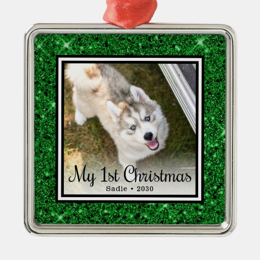 Eerste kerstfoto van Puppy Metalen Ornament (Voorkant)