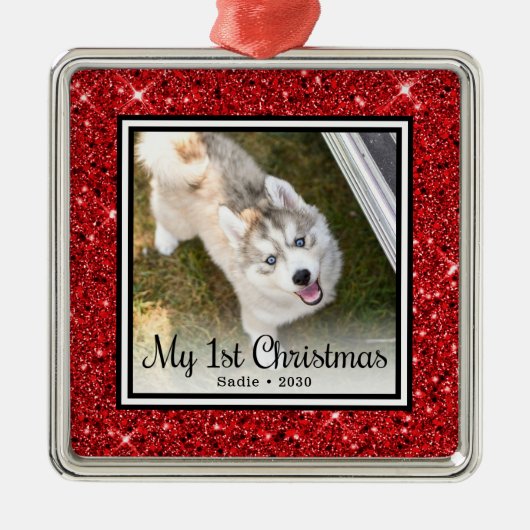 Eerste kerstfoto van Puppy Metalen Ornament (Voorkant)