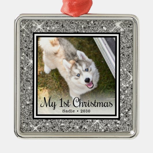 Eerste kerstfoto van Puppy Metalen Ornament (Voorkant)