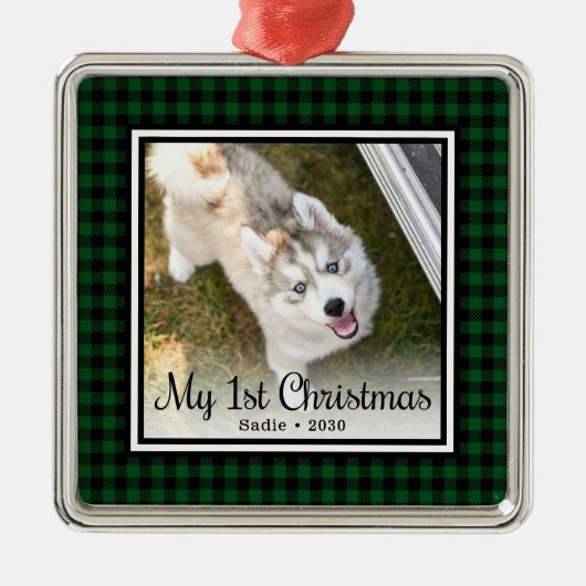 Eerste kerstfoto van Puppy Metalen Ornament (Voorkant)