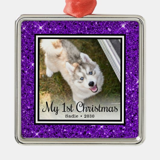 Eerste kerstfoto van Puppy Metalen Ornament (Voorkant)