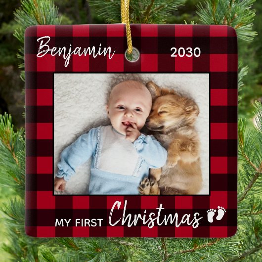 Eerste kerstfoto van Red Buffalo Pset Cute Baby Fo Keramisch Ornament