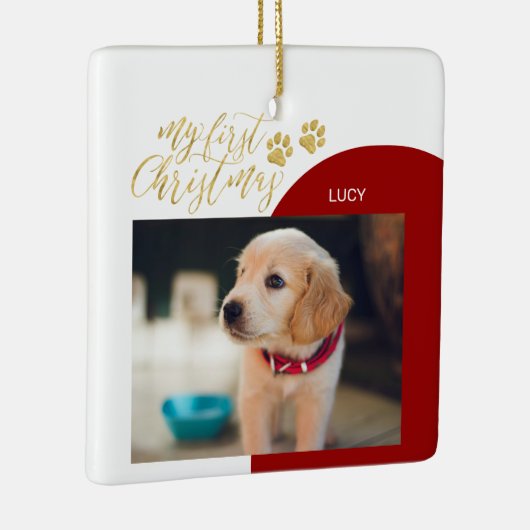 Eerste kerstfoto van Red & Gold Pet Puppy Keramisch Ornament (Rechts)