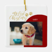 Eerste kerstfoto van Red & Gold Pet Puppy Keramisch Ornament (Voorkant)