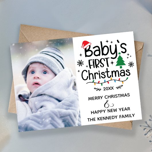 Eerste kerstfoto van Red & Green Baby Feestdagenkaart
