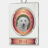 Eerste kerstfoto van Red Snowflake Puppy Verzilverd Banner Ornament (Links)