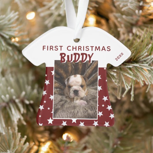 Eerste kerstfoto van Red Star Pattern Puppy Dog Ornament (Boom)